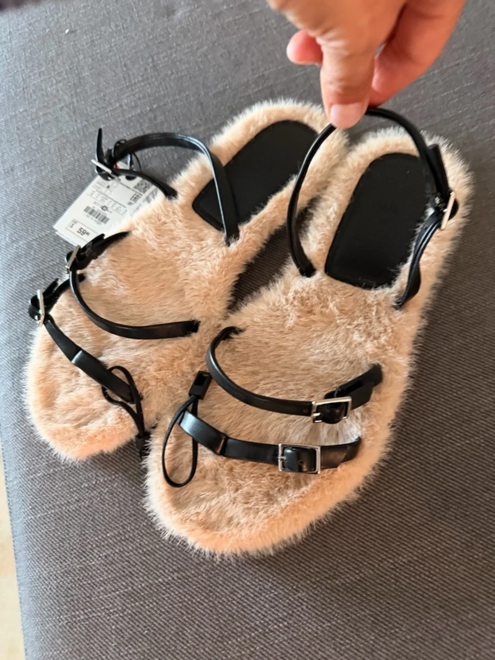 Zara Black Strappy Sandals with Cream Shearling Footbed size 39 - Picture 8 of 8
